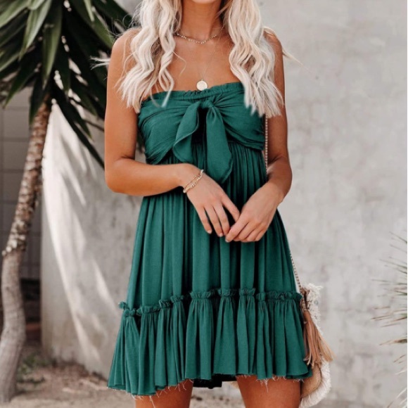 Dresses & Skirts - ✨NEW LISTING✨ Women's Green Boho Beach Sleeveless Tie Front Mini Tube Top Dress